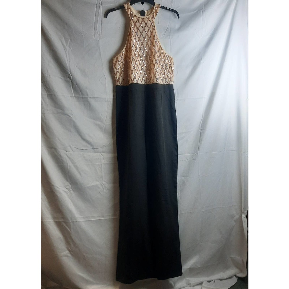 Diamond pattern rose gold sequin halter neck sleeveless flare leg jumpsuit XL